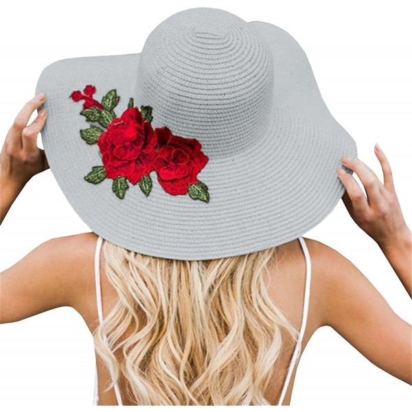 Sun Hats Women Flower Embroidery Foldable Floppy Wide Large Brim Sun Hats - Grey - CR18537TTDO $15.03