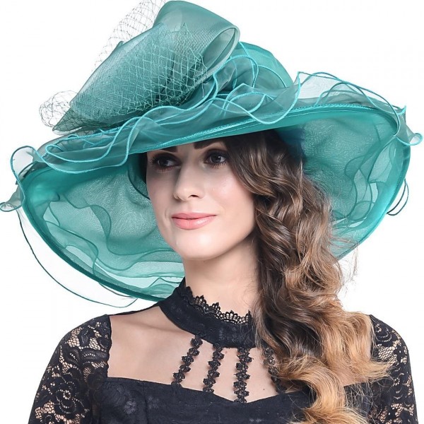 Sun Hats Women's Church Derby Kentucky Wide Brim Sun Hat with Flower S019 (S601-Emerald) - CP17YOSDN9Q $13.14