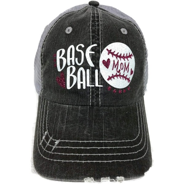 Baseball Caps Glitter Baseball Mom Heart Distressed Look Grey Trucker Baseball Cap Sports - White/Fuchsia Glitter - CQ182ST49...