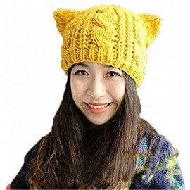 Skullies & Beanies Handmade Knitted Pussy Cat Ear Beanie Hat for Women's March Winter Warm Cap - Yellow - CQ189HDZ9OX $13.24