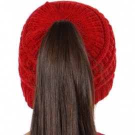 Skullies & Beanies Beanie Tail Kids Soft Stretch Cable Knit Messy High Bun Ponytail Beanie Hat - Red - CS188DSDC5W $17.61