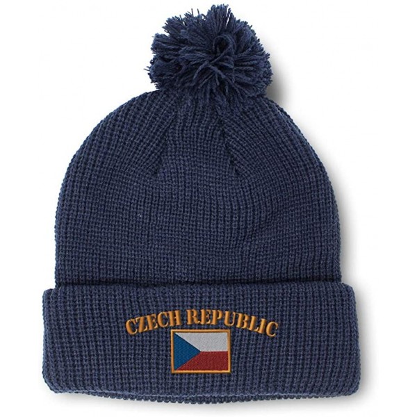 Skullies & Beanies Winter Pom Pom Beanie for Men & Women Czech Republic Flag Embroidery 1 Size - Navy - CK18ZH6YX6C $17.18