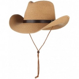 Cowboy Hats Cowboy Hat Western Style Fedora Straw Hat Sun Hat with Chin Strap - Khaki - CE18DHR5KW7 $21.54