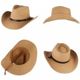 Cowboy Hats Cowboy Hat Western Style Fedora Straw Hat Sun Hat with Chin Strap - Khaki - CE18DHR5KW7 $12.20