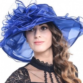 Sun Hats Women Organza Church Kentucky Derby Dress Fascinator Wide Brim Floral Tea Party Wedding Hat - Royal Blue - CQ12F6WO9...