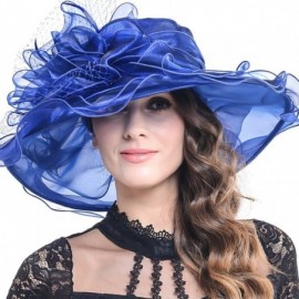 Sun Hats Women Organza Church Kentucky Derby Dress Fascinator Wide Brim Floral Tea Party Wedding Hat - Royal Blue - CQ12F6WO9...