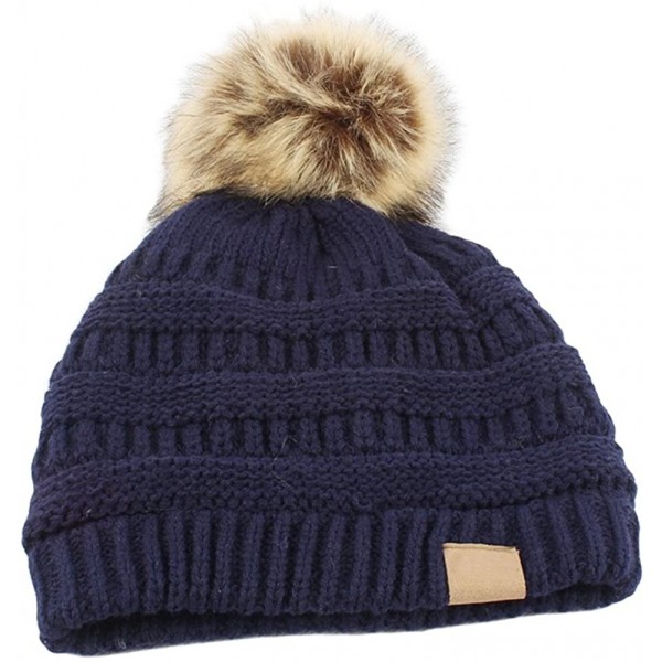 Skullies & Beanies Fashion Women Faux Fur Pom Pom Beanie Cap Winter Outdoor Warm Woolen Yard Hat - Navy Blue - CH187L7Y65I $1...