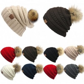 Skullies & Beanies Fashion Women Faux Fur Pom Pom Beanie Cap Winter Outdoor Warm Woolen Yard Hat - Navy Blue - CH187L7Y65I $1...