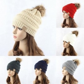 Skullies & Beanies Fashion Women Faux Fur Pom Pom Beanie Cap Winter Outdoor Warm Woolen Yard Hat - Navy Blue - CH187L7Y65I $1...