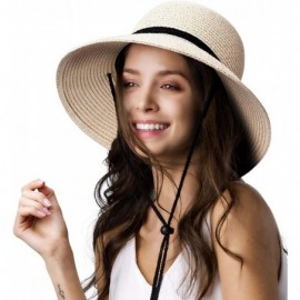 Sun Hats Womens Wide Brim Sun Hat with Wind Lanyard UPF Summer Straw Sun Hats for Women - Beige - CM18CQLE2G2 $52.55