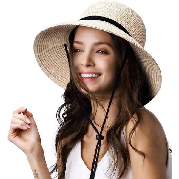 Sun Hats Womens Wide Brim Sun Hat with Wind Lanyard UPF Summer Straw Sun Hats for Women - Beige - CM18CQLE2G2 $19.27