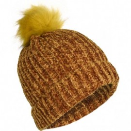 Skullies & Beanies Urban Winter Ultra Soft Chenille Warm Velvet Chunky Knit Stretch Cuff Beanie Hat with Faux Fur Pom - CA18Y...