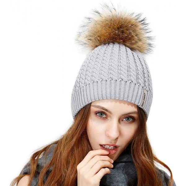 Skullies & Beanies Crochet Knit Fur Hat with Real Large Fur Pompom Beanie Hats Winter Ski Cap - Grey - CY182XZDLG3 $15.41