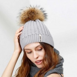 Skullies & Beanies Crochet Knit Fur Hat with Real Large Fur Pompom Beanie Hats Winter Ski Cap - Grey - CY182XZDLG3 $15.41