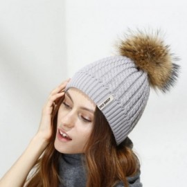 Skullies & Beanies Crochet Knit Fur Hat with Real Large Fur Pompom Beanie Hats Winter Ski Cap - Grey - CY182XZDLG3 $15.41