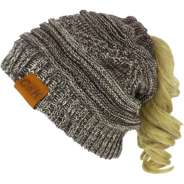 Skullies & Beanies 2 in 1 Winter Multi Knit Ponytail Slouchy Beanie Neck Warmer - Brown Khaki - CP18LS9GG34 $15.61