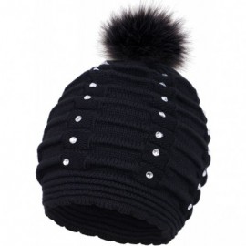 Skullies & Beanies Horizontal Cable Knit Beanie with Sequins and Faux Fur Pompom - Black - CP185LWH3I8 $9.34