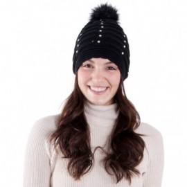 Skullies & Beanies Horizontal Cable Knit Beanie with Sequins and Faux Fur Pompom - Black - CP185LWH3I8 $9.34