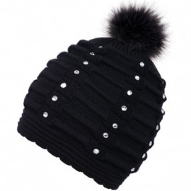 Skullies & Beanies Horizontal Cable Knit Beanie with Sequins and Faux Fur Pompom - Black - CP185LWH3I8 $9.34