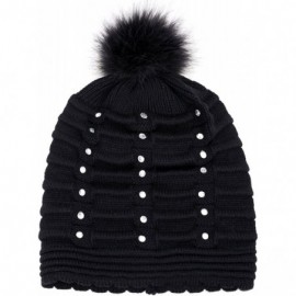 Skullies & Beanies Horizontal Cable Knit Beanie with Sequins and Faux Fur Pompom - Black - CP185LWH3I8 $9.34