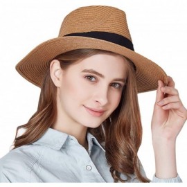 Fedoras Women Panama Straw Sun Hat Foldable Wide Brim Fedora Beach Sun Caps - Khaki - CP18E6CKKYL $22.30