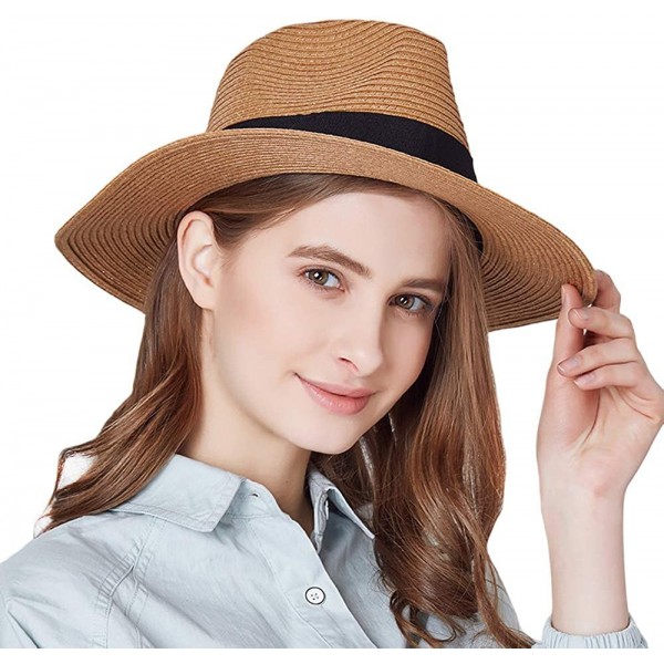 Fedoras Women Panama Straw Sun Hat Foldable Wide Brim Fedora Beach Sun Caps - Khaki - CP18E6CKKYL $9.97