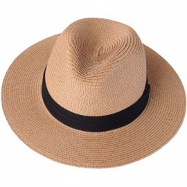 Fedoras Women Panama Straw Sun Hat Foldable Wide Brim Fedora Beach Sun Caps - Khaki - CP18E6CKKYL $9.97