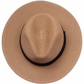 Fedoras Women Panama Straw Sun Hat Foldable Wide Brim Fedora Beach Sun Caps - Khaki - CP18E6CKKYL $9.97