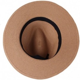 Fedoras Women Panama Straw Sun Hat Foldable Wide Brim Fedora Beach Sun Caps - Khaki - CP18E6CKKYL $9.97