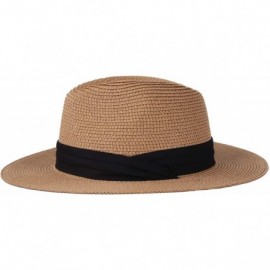 Fedoras Women Panama Straw Sun Hat Foldable Wide Brim Fedora Beach Sun Caps - Khaki - CP18E6CKKYL $9.97