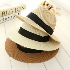 Fedoras Women Panama Straw Sun Hat Foldable Wide Brim Fedora Beach Sun Caps - Khaki - CP18E6CKKYL $9.97