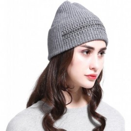 Skullies & Beanies Women's Wool Knit Fold Over Beanie Embellished with Rhinestones Winter Hat - Grey - CU187GOEH3D $15.68