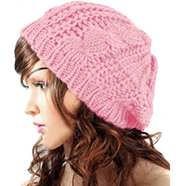 Skullies & Beanies Lady Winter Warm Baggy Beret Chunky Knitted Braided Beanie Hat - Pink - CH126EMU12L $7.82