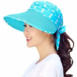 Visors Straw Polka Dot Pleated Roll up Wide Brim Bow Beach Sun Hat Visor - Aqua - CJ12I5WAT3X $17.85