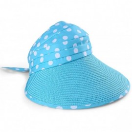 Visors Straw Polka Dot Pleated Roll up Wide Brim Bow Beach Sun Hat Visor - Aqua - CJ12I5WAT3X $17.85