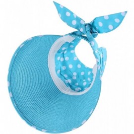 Visors Straw Polka Dot Pleated Roll up Wide Brim Bow Beach Sun Hat Visor - Aqua - CJ12I5WAT3X $17.85