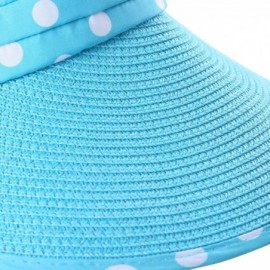 Visors Straw Polka Dot Pleated Roll up Wide Brim Bow Beach Sun Hat Visor - Aqua - CJ12I5WAT3X $17.85