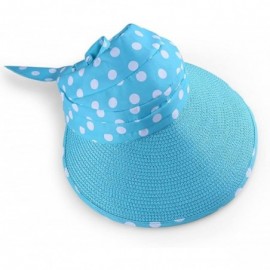 Visors Straw Polka Dot Pleated Roll up Wide Brim Bow Beach Sun Hat Visor - Aqua - CJ12I5WAT3X $17.85