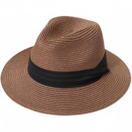 Sun Hats Women Straw Panama Hat Fedora Beach Sun Hat Wide Brim Straw Roll up Hat UPF 30+ - Fedora Coffee - CD18R3CZTNU $12.89