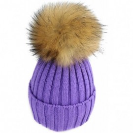 Skullies & Beanies Women Cable Knit Beanie Raccoon Fur Fuzzy Pompom Chunky Winter Stretch Skull Cap Cuff Hat - 32purple - CN1...