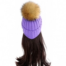 Skullies & Beanies Women Cable Knit Beanie Raccoon Fur Fuzzy Pompom Chunky Winter Stretch Skull Cap Cuff Hat - 32purple - CN1...