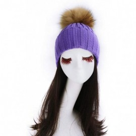 Skullies & Beanies Women Cable Knit Beanie Raccoon Fur Fuzzy Pompom Chunky Winter Stretch Skull Cap Cuff Hat - 32purple - CN1...