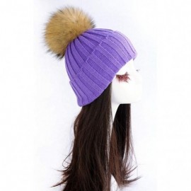 Skullies & Beanies Women Cable Knit Beanie Raccoon Fur Fuzzy Pompom Chunky Winter Stretch Skull Cap Cuff Hat - 32purple - CN1...