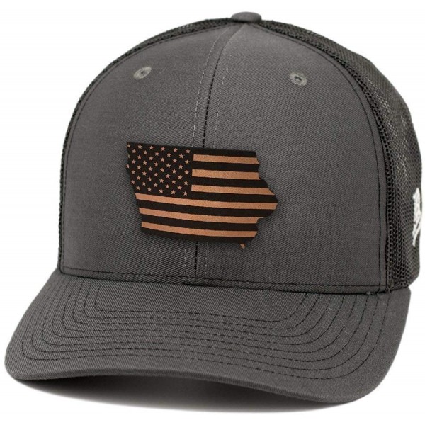 Baseball Caps 'Iowa Patriot' Leather Patch Hat Curved Trucker - Charcoal/Black - CV18IGQOXC6 $22.40