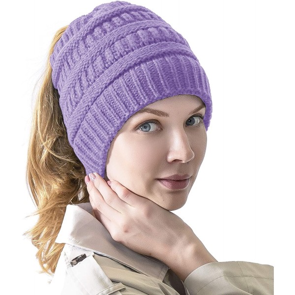 Skullies & Beanies Women's Knitted Messy Bun Hat Ponytail Beanie Baggy Chunky Stretch Slouchy Winter - Lavender - C618YMEY2QD...