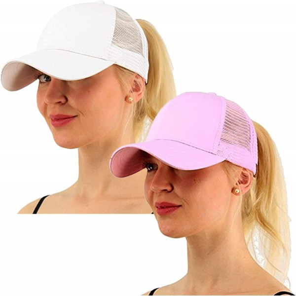 Skullies & Beanies Ponytail Cap Messy Trucker Adjustable Visor Baseball Cap Hat Unisex - White & Pink - CB18TODW7RW $21.31