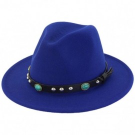 Fedoras Adult Wool Panama Hats Wide Brim Jazz Fedora Caps Turquoise Leather Band - Blue - C518H9YYS6U $17.35