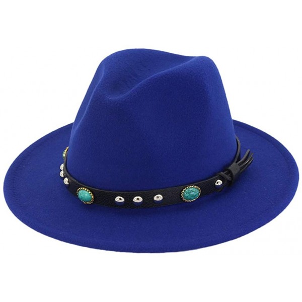 Fedoras Adult Wool Panama Hats Wide Brim Jazz Fedora Caps Turquoise Leather Band - Blue - C518H9YYS6U $17.35