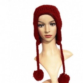 Skullies & Beanies Women Hat Handmade Crochet Braided Pompom Beanie Knit Caps Warm Winter - Wine Red - CP189X50OGG $26.14
