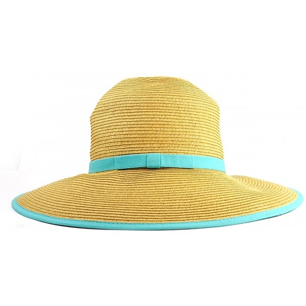 Sun Hats Women's Stylish UPF 50+ Paper Woven Sun Hat w/Ribbon Trim - Turquoise - CN11KI3SNSH $9.56